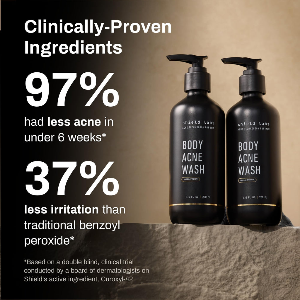 Shield Body Acne Wash for Men and Boys – Unscented Back & Chest Cleanser, Clears Acne & Breakouts, 8.5 oz, Pack of 2