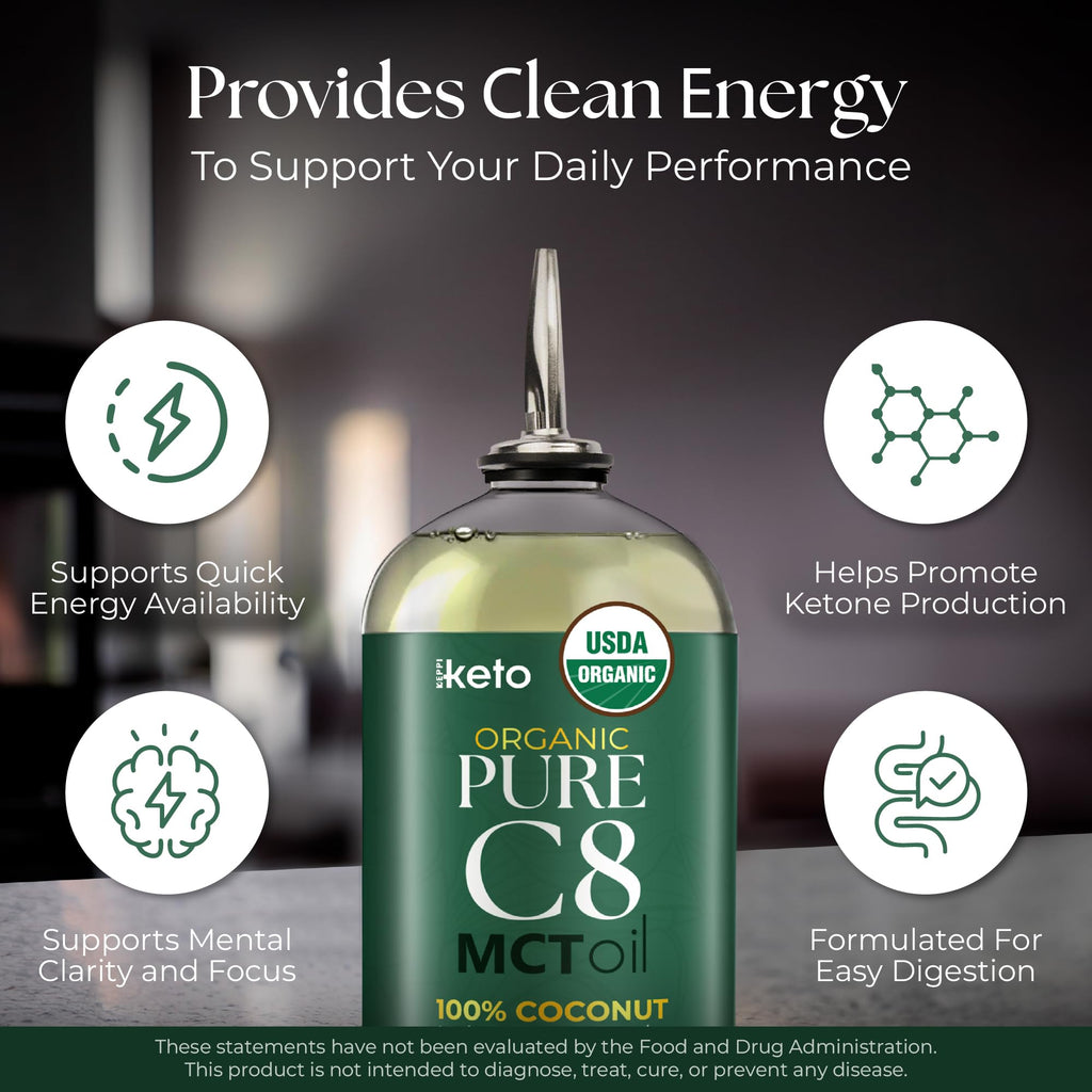 Keppi Organic MCT Oil - Flavorless C8, Non-GMO, Certified Organic, Gluten-Free, Palm Oil Free, Vegan, Kosher, Halal, 16 oz Coconut Oil