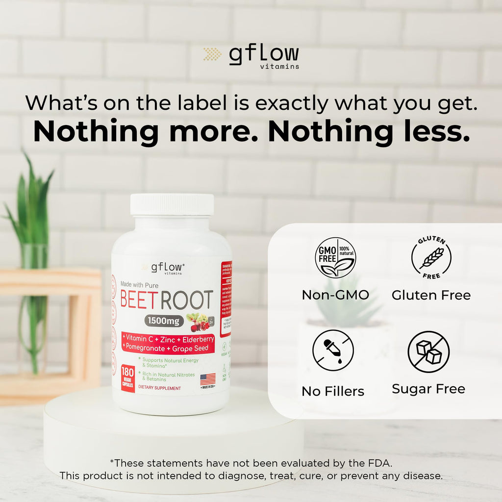 gflow vitamins Beet Root Capsules Organic - All Natural with Vitamin C and Zinc - Supports Heart Health & Stamina, Non-GMO, 180 Vegetarian Capsules | Made in USA