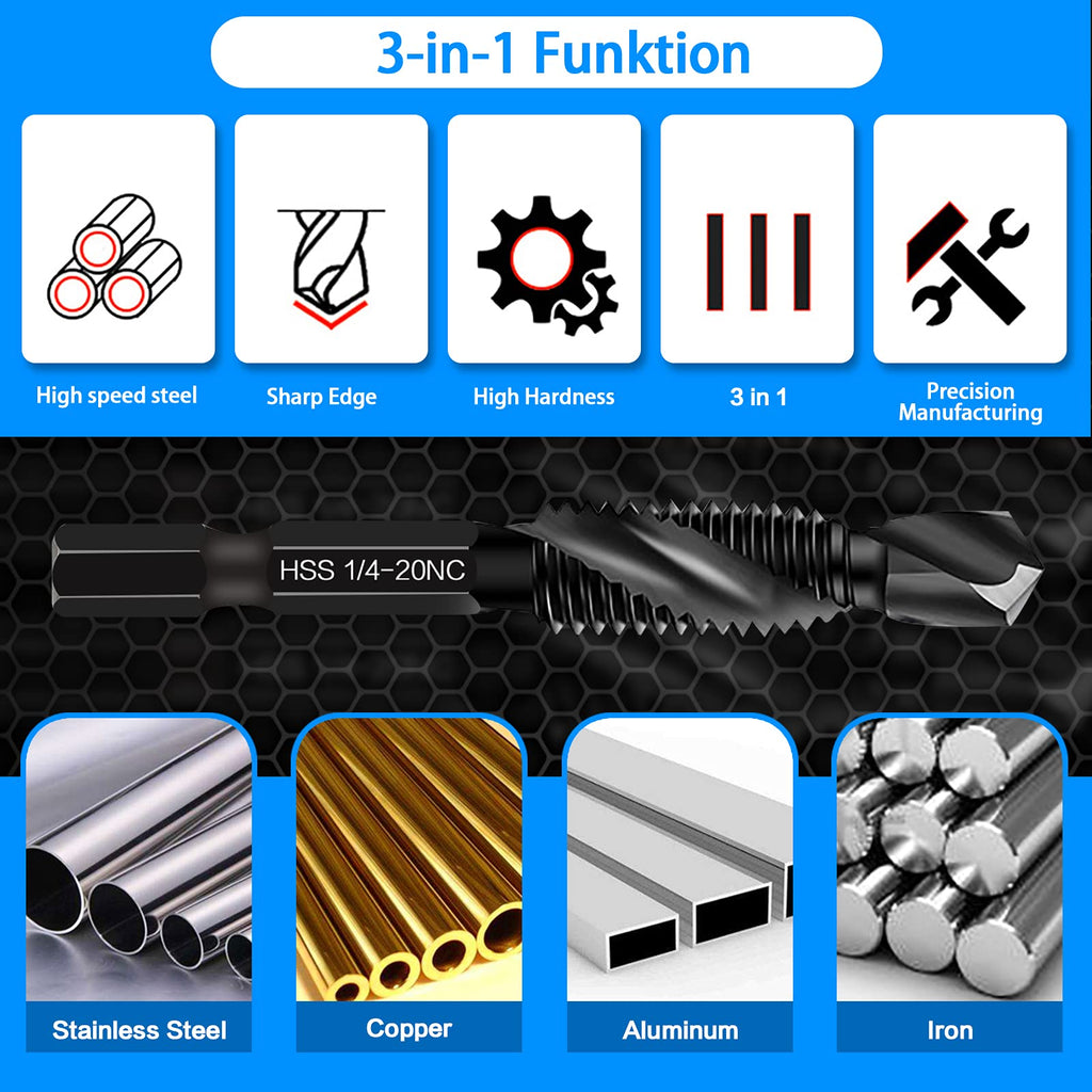6-Piece 10-32NC Combination Drill Tap Countersink Bit Set SAE, Made of High-Speed Steel with Anti-Rust Blackened Coating, Ideal for Soft Metal, Wood & Plastic, 10-32NC Thread Size, 1/4” Hex Shank