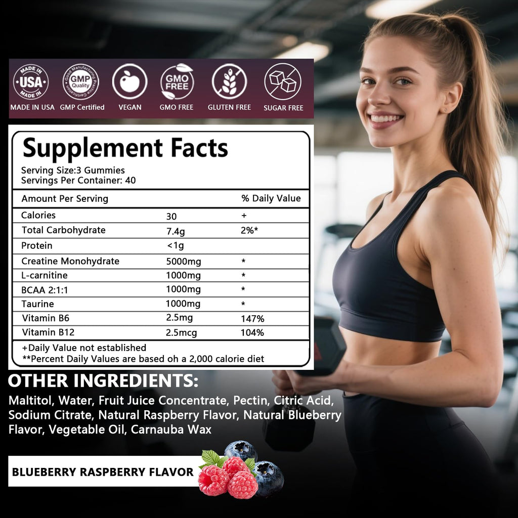 Crasye Creatine Monohydrate Gummies Complex 8000 MG for Men Women, Creatine Gummy with Taurine BCAA for Energy Support and Muscle Strength, Sugar Free Pre-Workout Supplement