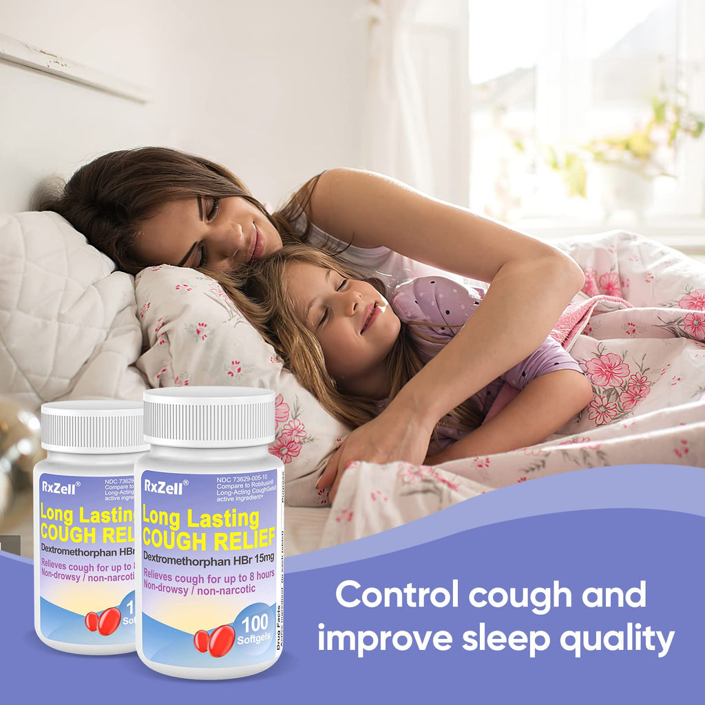 RXZELL Adult Cough Relief, Dextromethorphan HBr 15mg (200 Softgels), 8 Hour Long Lasting, Non-Drowsy, Cough/Bronchial Suppressant