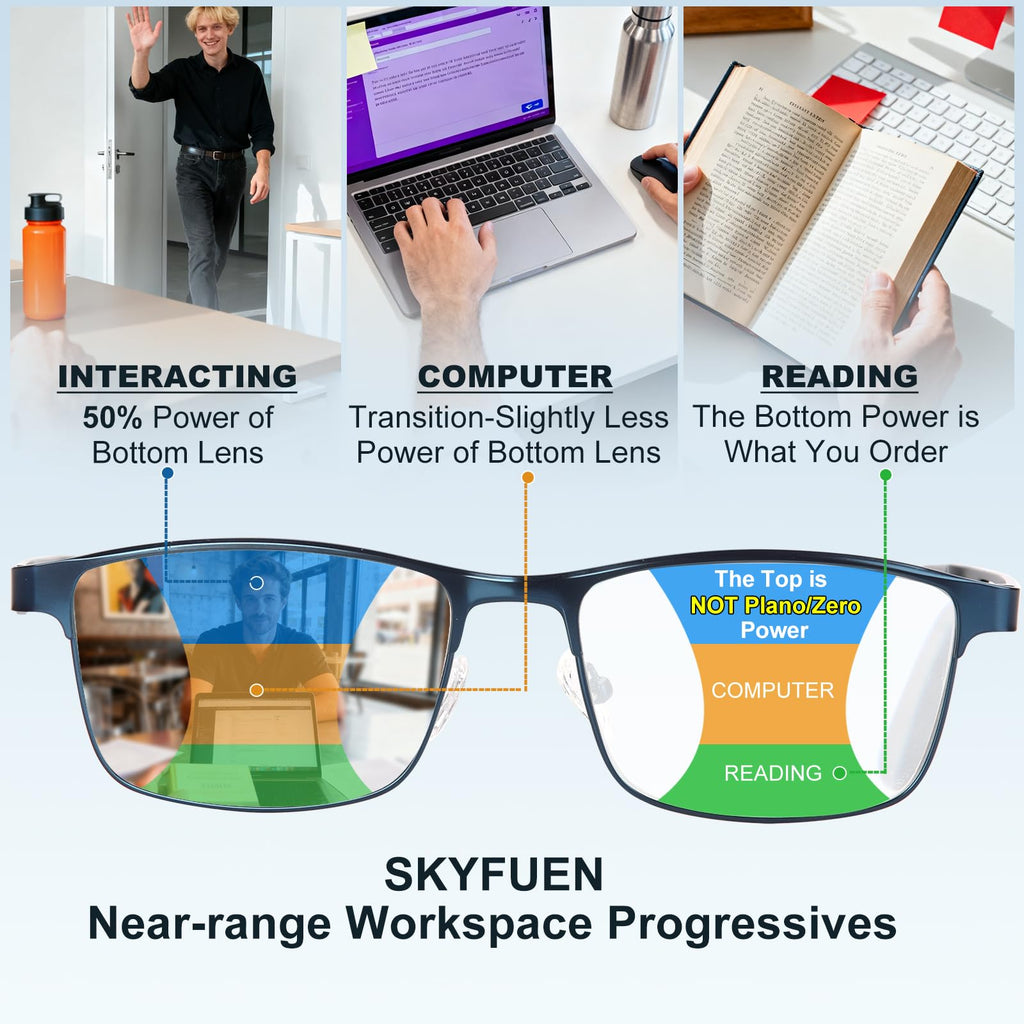 SKYFUEN Unbreakable Progressive Reading Glasses Men Multifocus Metal Full Frame, Blue Light Blocking/UV400 Protection Computer Readers with Durable Flexible Spring Hinges(Gunmetal+Navy Blue, +2.50)