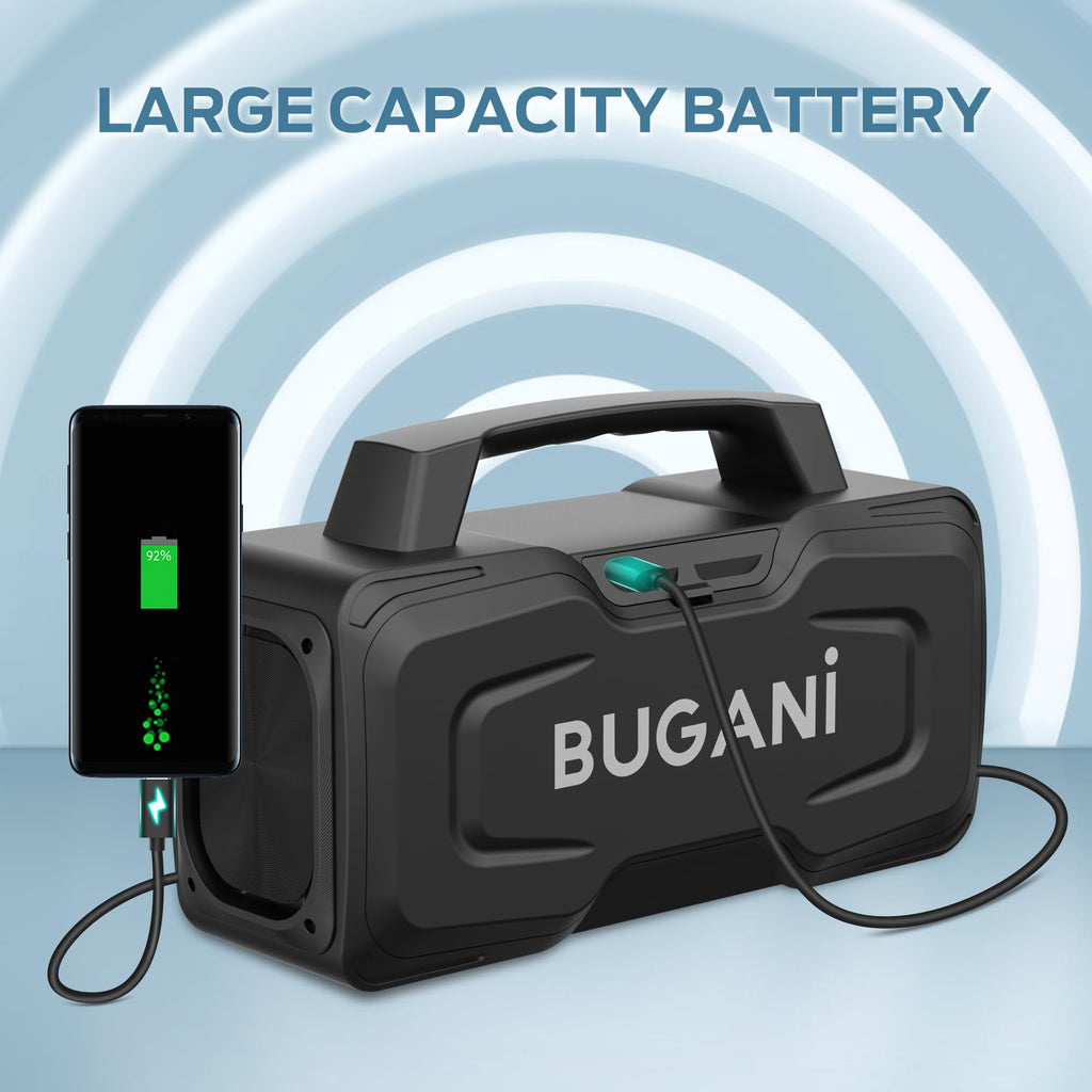 BUGANI Bluetooth Speaker, 80W Powerful Portable Wireless Speakers IPX7 Waterproof Speaker, Outdoor Loud Speakers with Handle 24H Playtime, Support Microphone AUX USB Suitable for Party, Pool, Black