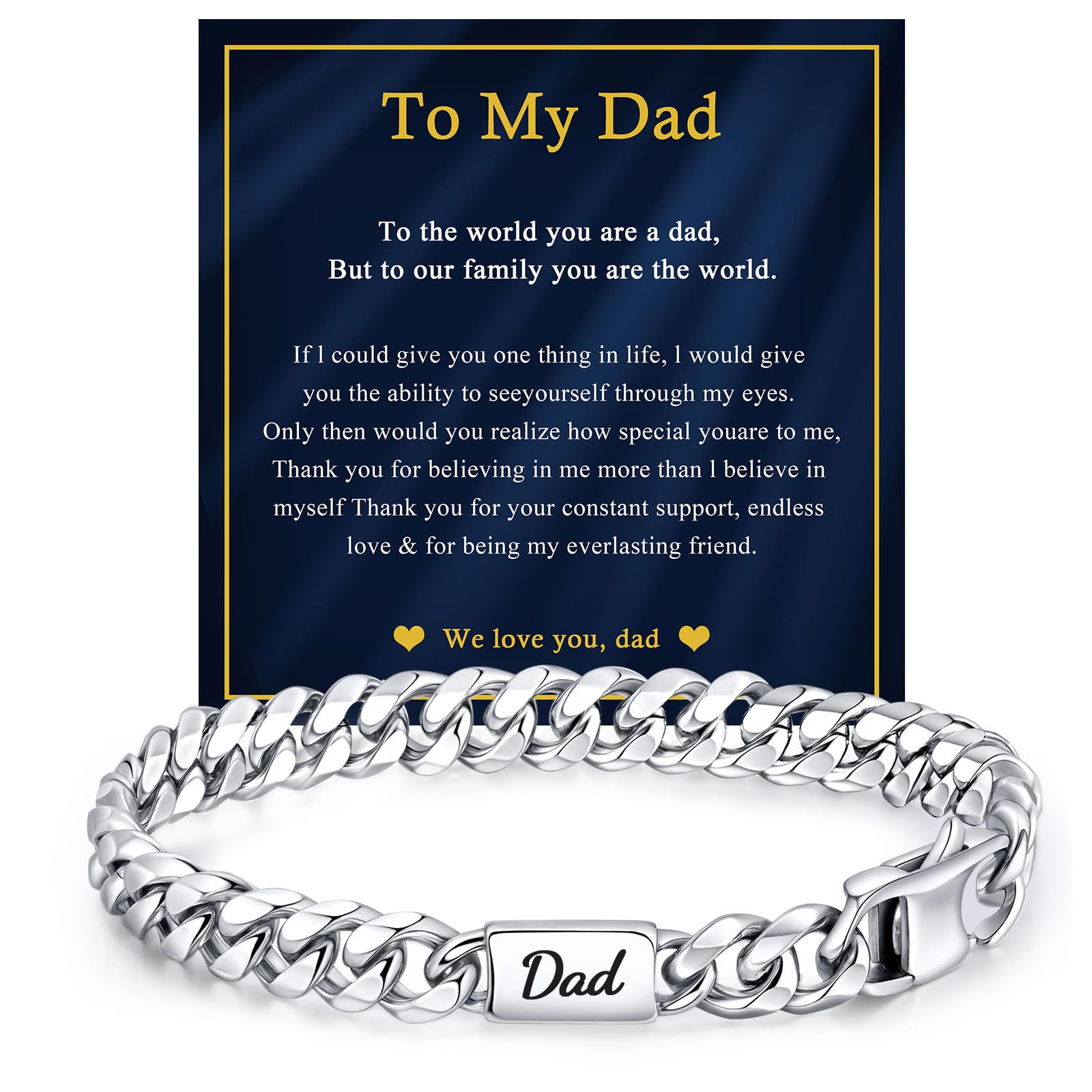 VNOX Gift for Dad from Daughter Son Silver Stainless Steel Cuban Link Chain Bracelet Day Father Birthday Valentines Ideas for New Daddy Stepdad,8.3 Inches