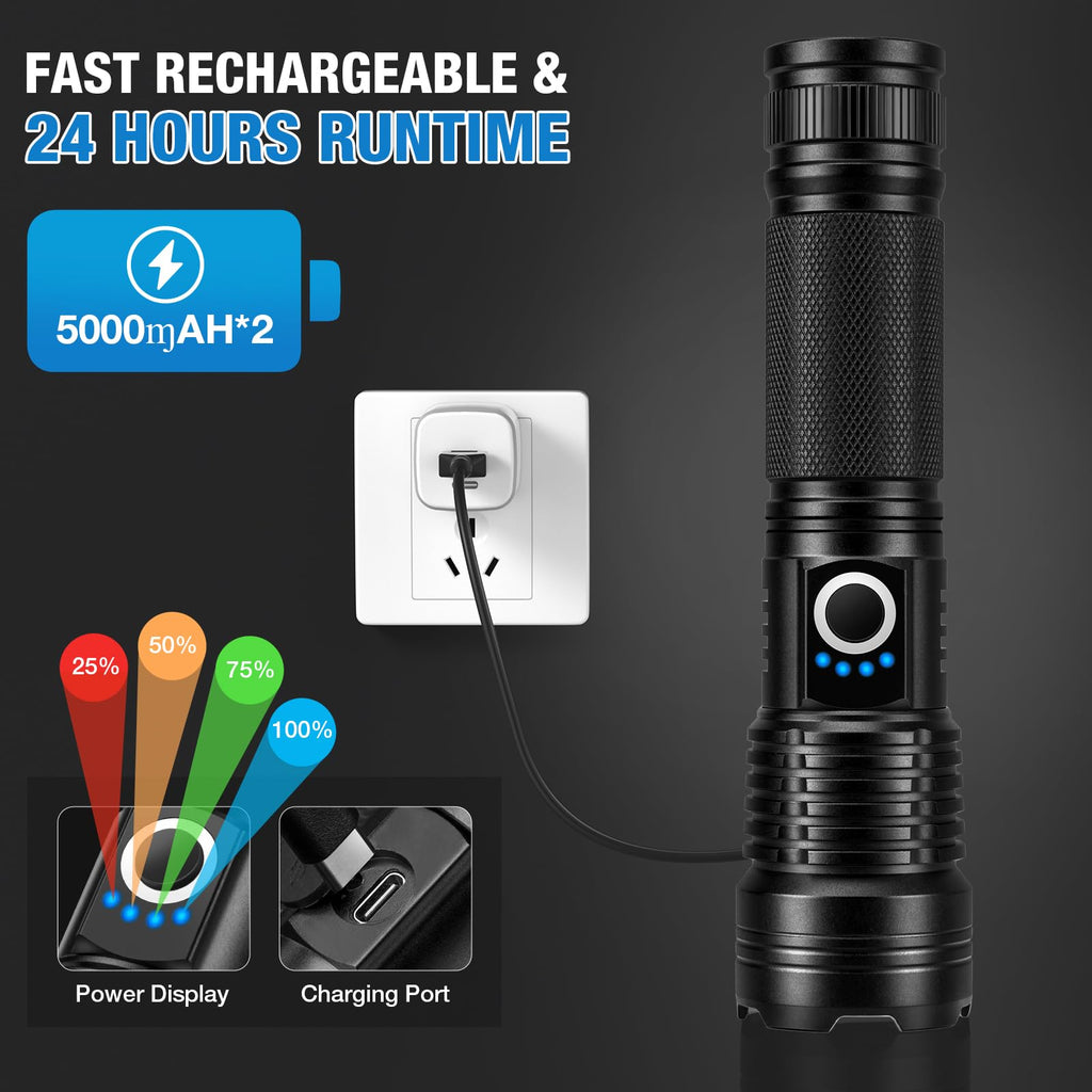 MILAOSHU Rechargeable Flashlights 90000 High Lumens - 2 Pack, Super Bright LED Flashlight Rechargeable with 5 Light Modes, High Powered & IPX7 Waterproof Flash Light for Camping, Home
