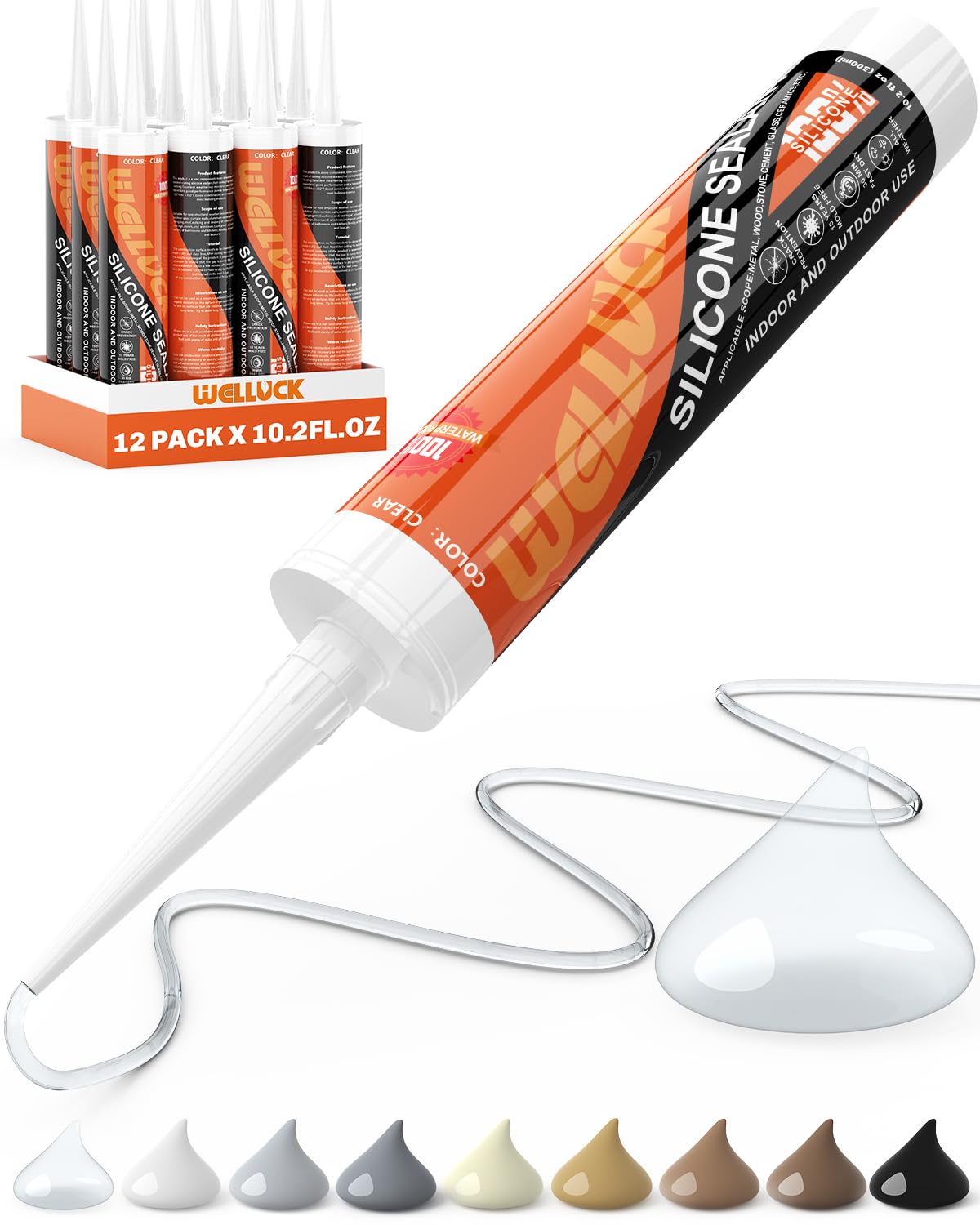 WELLUCK Clear Silicone Caulk, 100% Waterproof Silicone Sealant Adhesive Caulking,for RV, Kitchen,Bathroom, Window, Door, Glass,10.2FL.OZ/300ML (12 Pack)