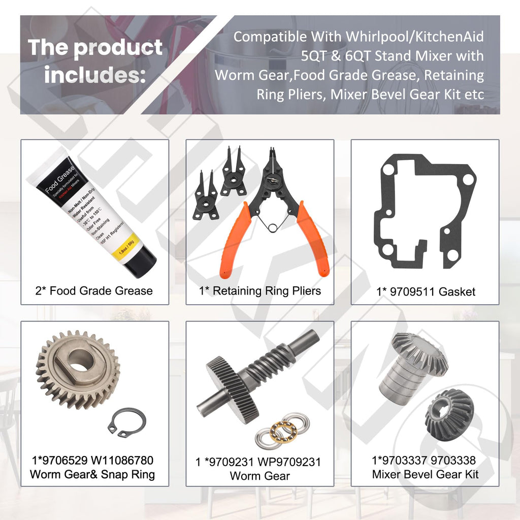 Worm Gear Kit 9706529, 9709511, 9703337, 9709231 Compatible With Whirlpool/KitchenAid 5QT & 6QT Stand Mixer with Worm Gear, Food Grade Grease, Retaining Ring Pliers, Mixer Bevel Gear Kit etc