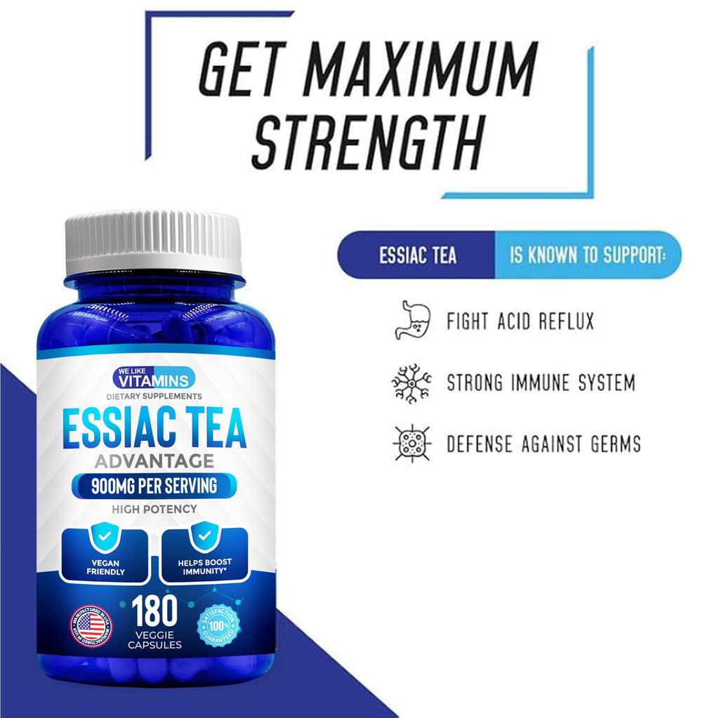 We Like Vitamins Essiac Tea Capsules - 180 Count Immune Support Supplement with Burdock, Sheep Sorrel, Slippery Elm & Turkey Rhubarb - Genuine Essiac Tea 900mg Daily Dose