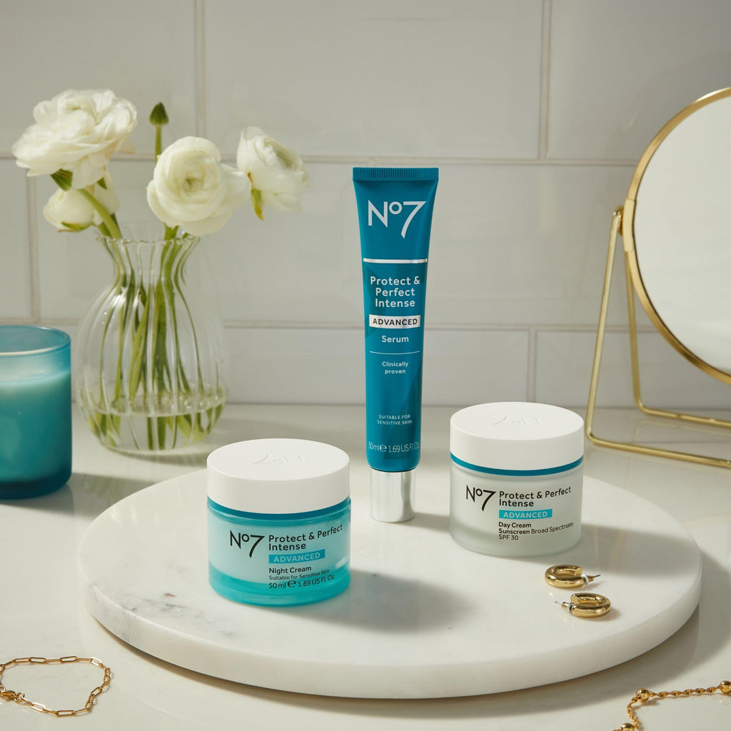 No7 Protect & Perfect Intense Advanced Night Cream Fragrance Free - Vitamin E & Shea Butter Face Cream - Fine Line Reducing Moisturizer with Collagen Peptide Technology (1.69 fl oz)
