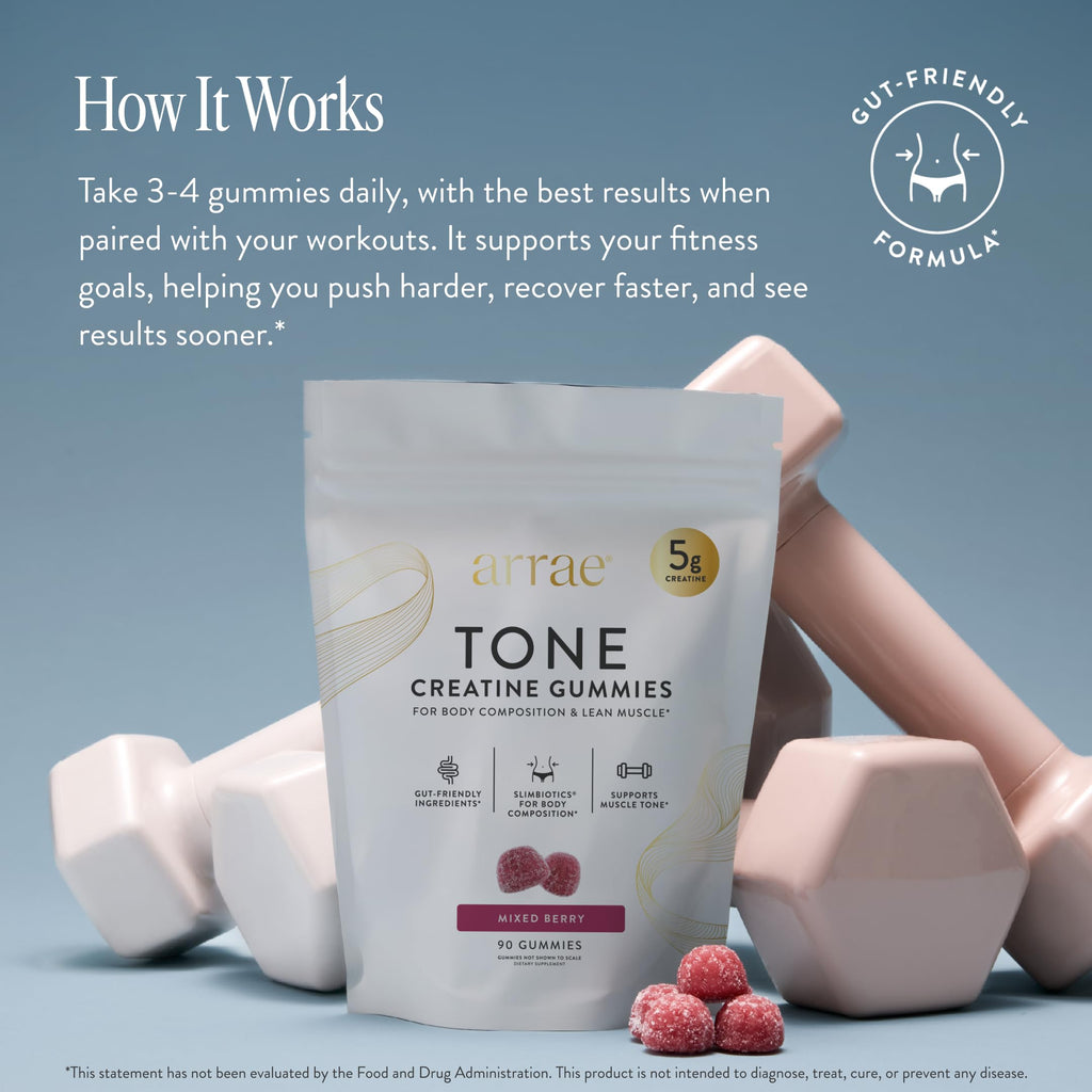 Arrae Tone Gummies – Creatine Monohydrate 5g for Women – Support Lean Muscle, Strength & Recovery – Hormone-Friendly Muscle Toning Supplement – Mixed Berry Flavor – 90 Count