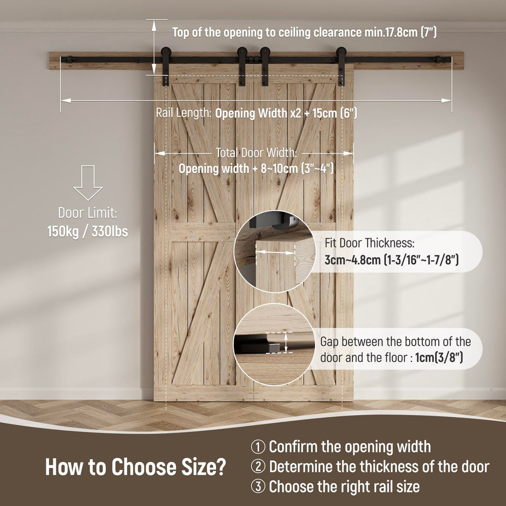 CCJH 9FT Sliding Barn Door Hardware Kit, Heavy Duty, Smoothly and Silently, Easy to Install, Fit 27" Width Double Door Panel, I Shaped Hangers Black
