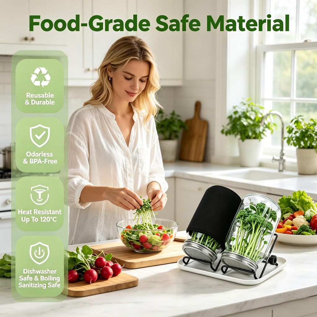 Broccoli Sprout Growing Kit, 2 Large 1000ML Wide Mouth Mason Jars with Sprout Lids, Stainless Steel Stand, Blackout Sleeves, Cleaning Brush, Drain Tray- Grow Broccoli, Alfalfa & Bean Microgreens