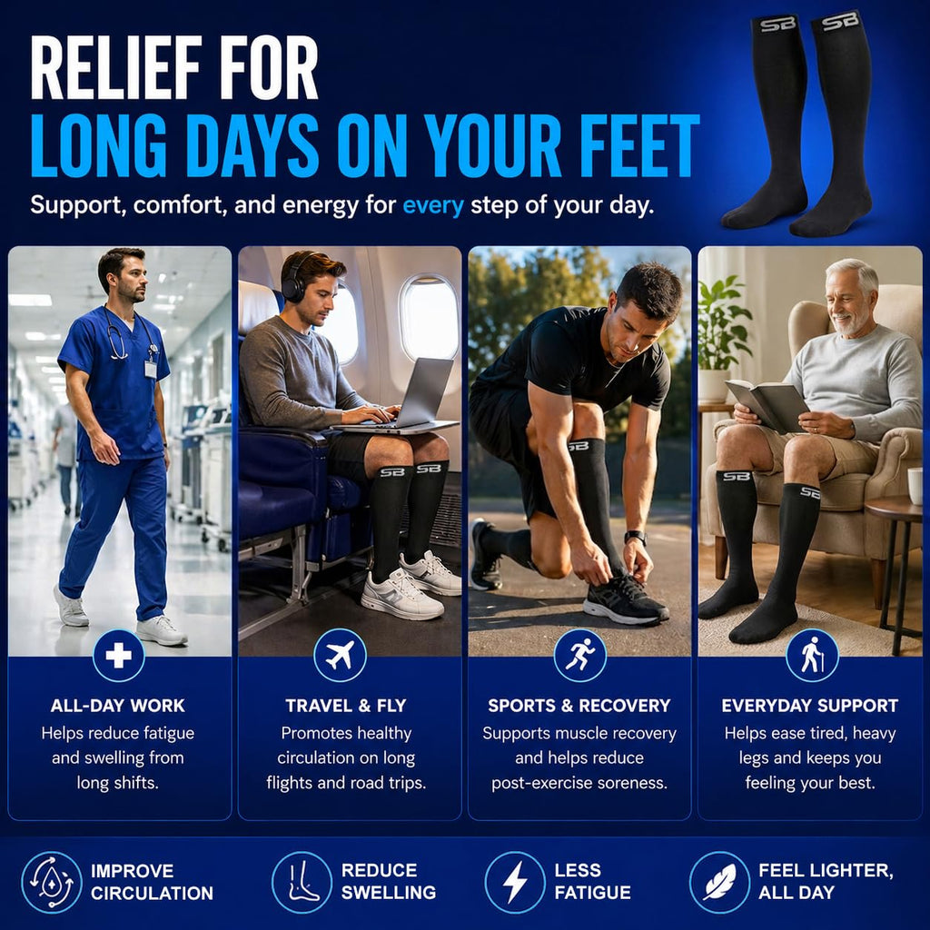 SB SOX Compression Socks for Men & Women (20-30mmHg) – Best Compression Socks for Flying, Medical, Sports, Wide Calf Fit, and Daily Wear (Solid Black, Large)