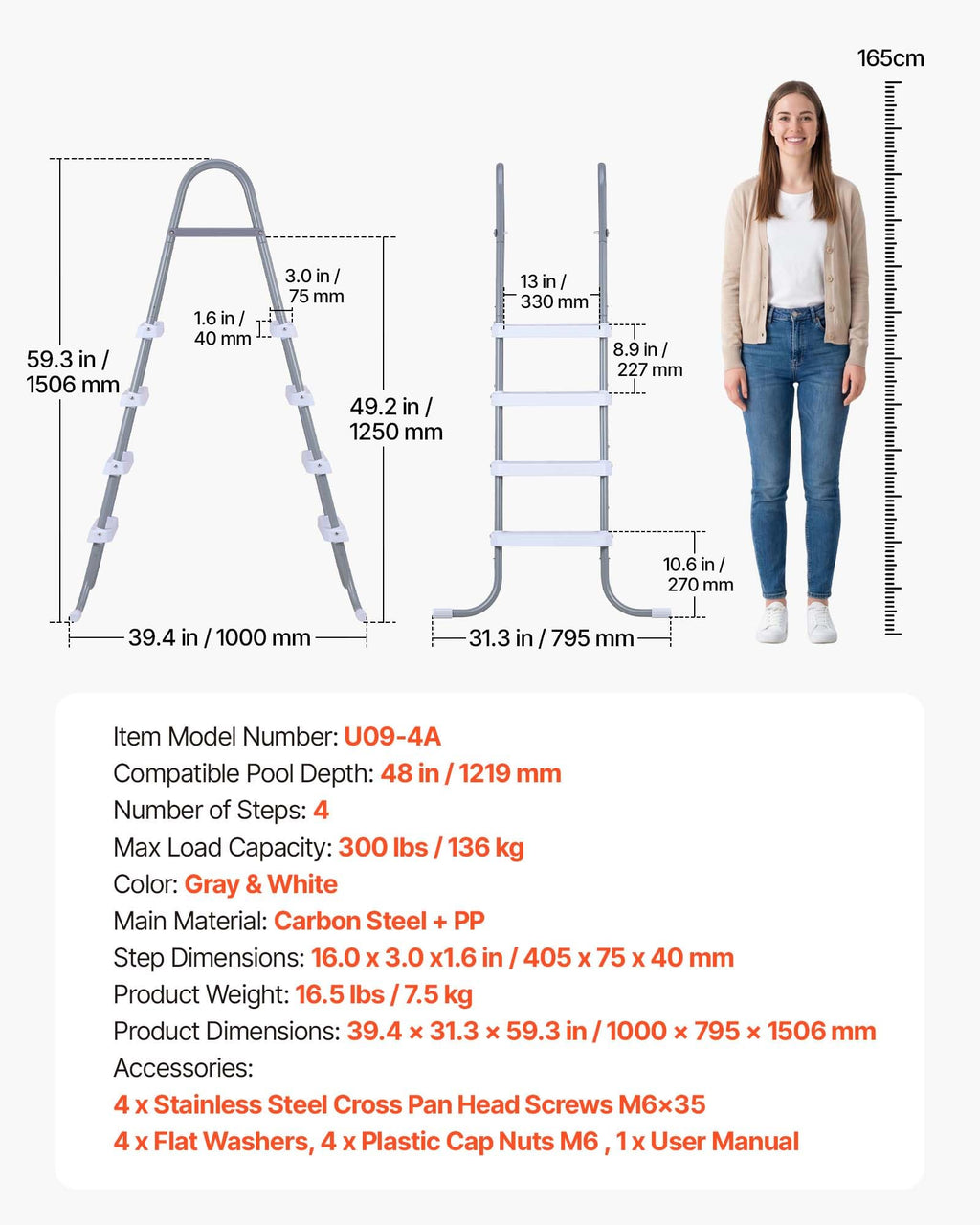 VEVOR Above Ground Pool Ladder, 4-Step Steel A-Frame Swimming Pool Stairs for 48 in High Wall, 300 lbs Capacity Entry/Exit Steps with Secure Non-Slip Sturdy Wide Step, Easy Setup, Gray & White