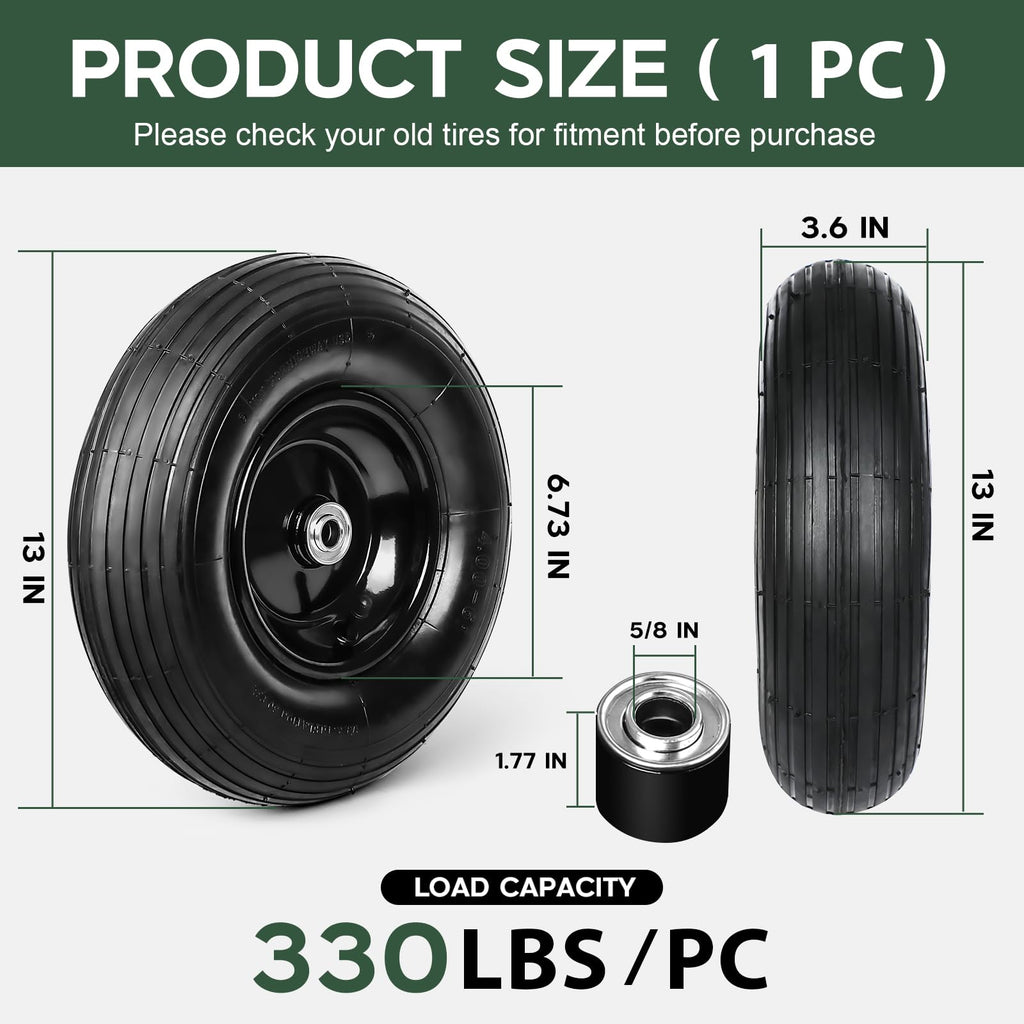 13 Inch 1 PC Rubber Pneumatic Replacement Tires and Wheels 4.00-6 with 5/8'' Axle Bore Hole, Inflated Air Wheel for Wheelbarrow/Wagon/Hand Truck/Trolley/Garden Scooter etc.