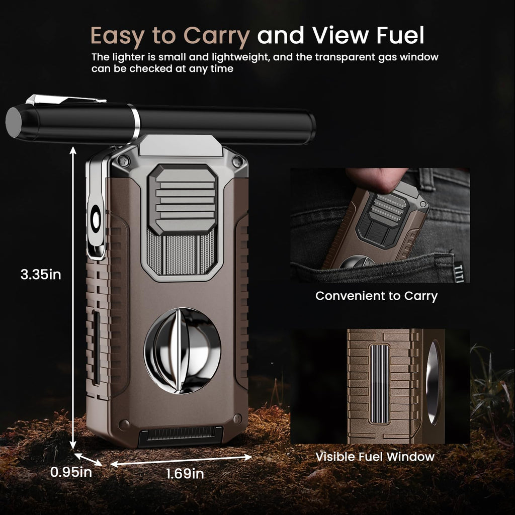 5-in-1 Torch Lighter with Triple Jet Flame, Built-in Tool, Punch, Holder, and Draw Enhancer Tool, Windproof Cool Lighters with Gift Box for Men, Refillable Butane Lighter for Candle, Travel