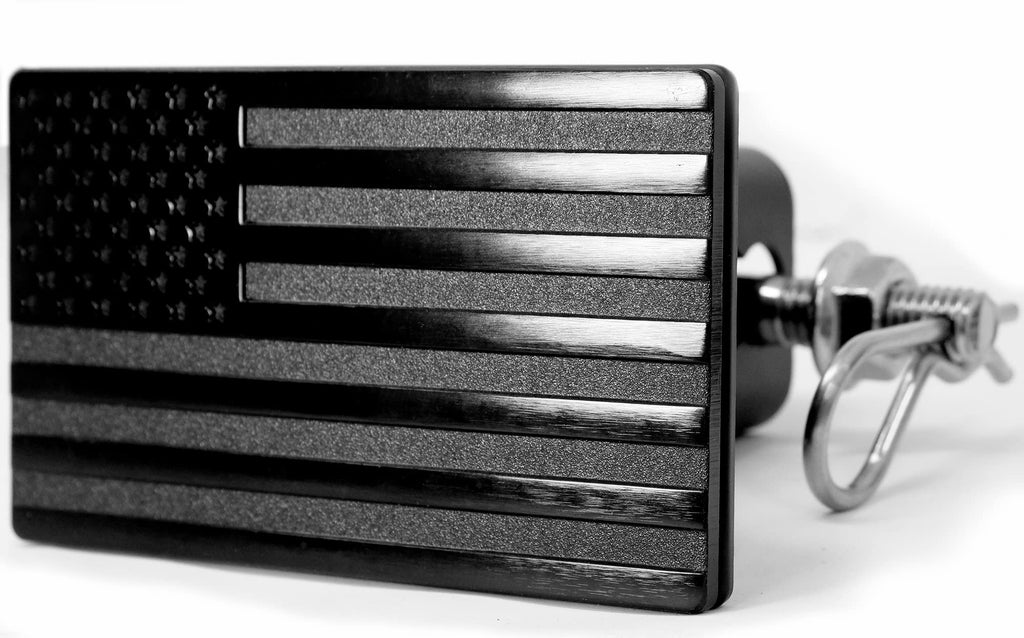 USA American Flag Metal Trailer Hitch Cover with Locking Pin (Fits 2" Receivers, Black)