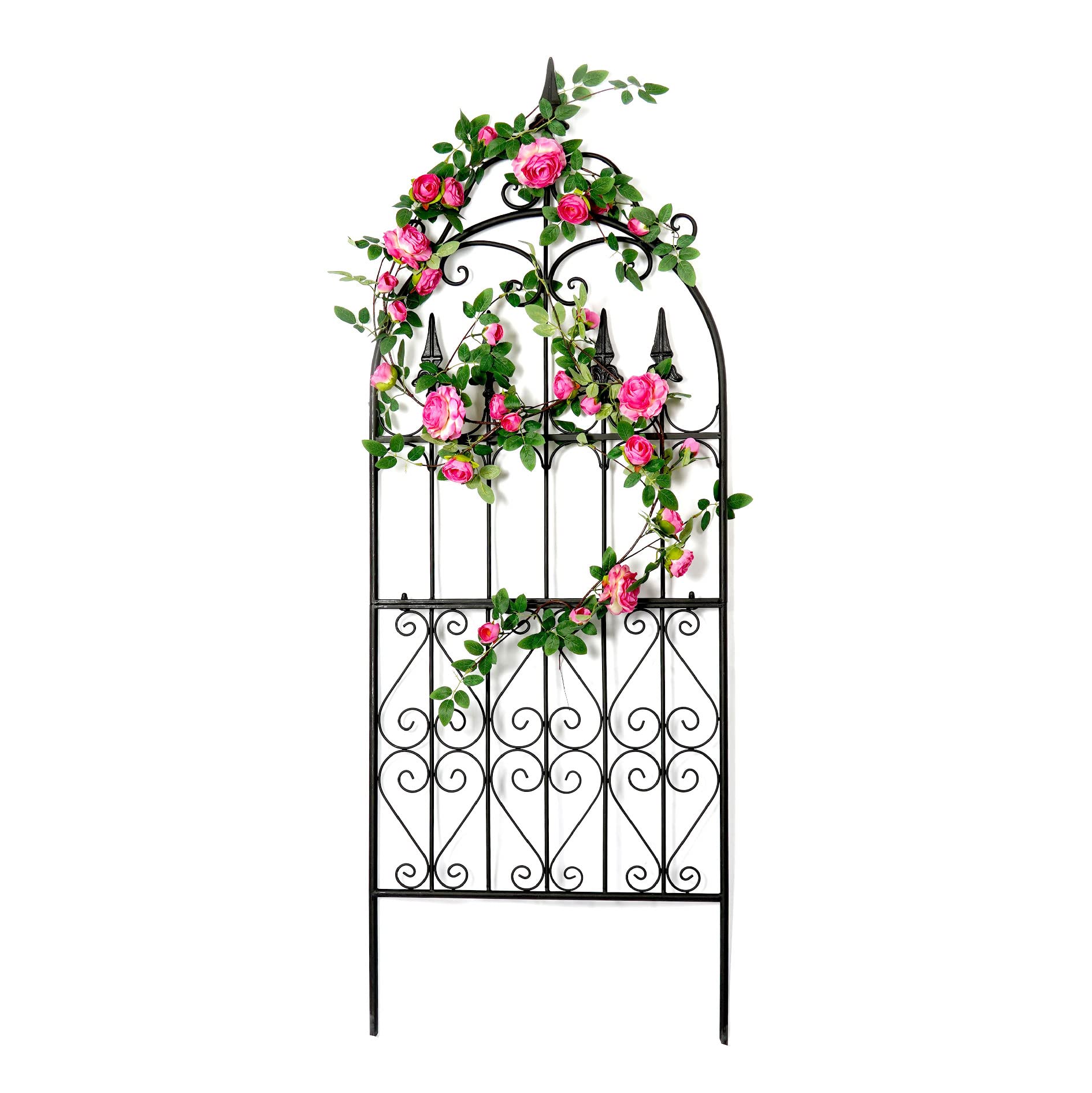 SCENDOR Garden Trellis for Climbing Plants, 60" H x 21.7" W Heavy Duty Metal Trellis, 5FT Rustproof Black Iron Vine Support Trellis with Ground Stakes, Decorative Cupid Arrow Design for Roses, Vines