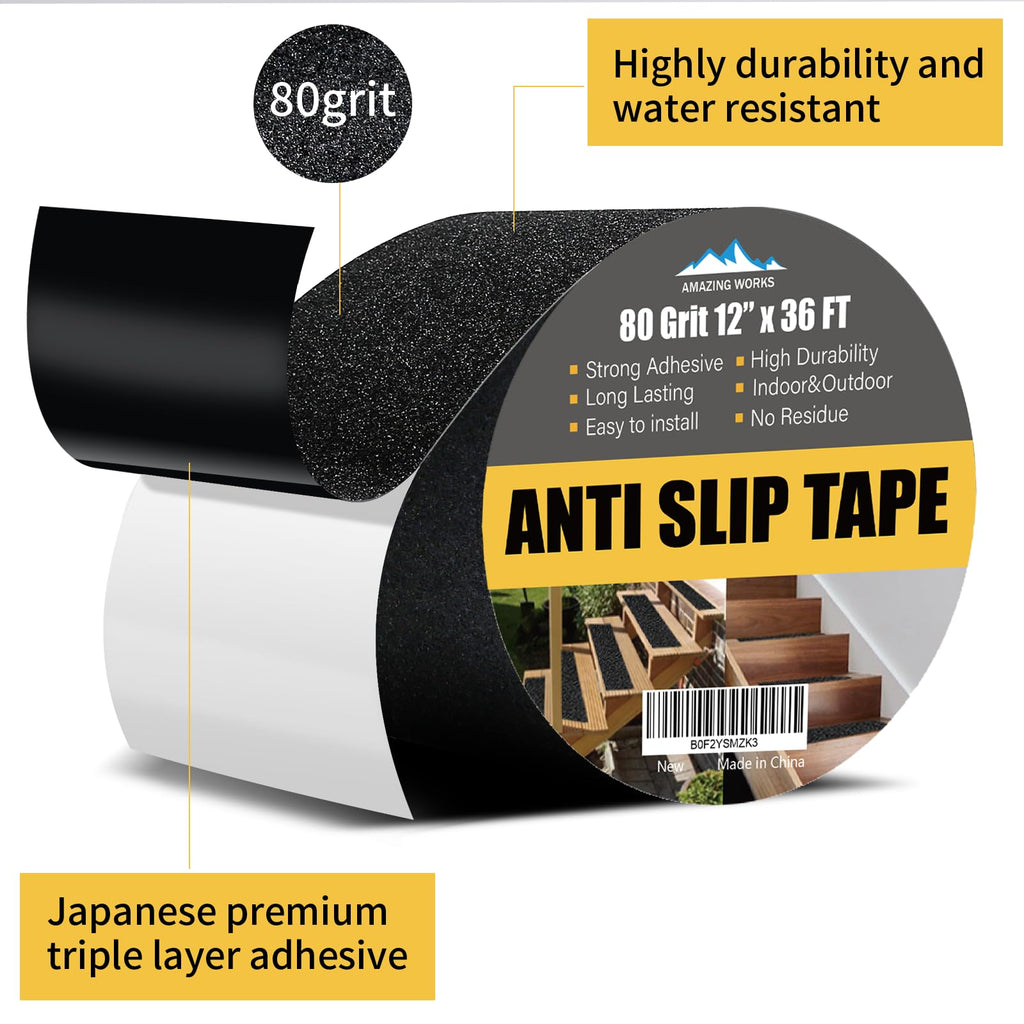 Amazing Works Grip Tape - Heavy Duty Anti Slip Tape, Grip Tape Grit Non Slip for Stairs Outdoor/Indoor, Waterproof High Traction Stairs Non Skid Tape, Durable Triple Layer Adhesive (12 Inch x 36 Feet)