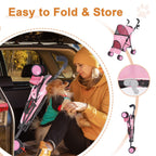 Umbrella Dog Stroller, 4 Wheels Pet Strolling, Foldable Carrier Pet Stroller for Small Dogs Cats, with Carrying Strap and Cup Holder, Dog Poop Bags & Dispenser, Up to 33 lbs, Pink