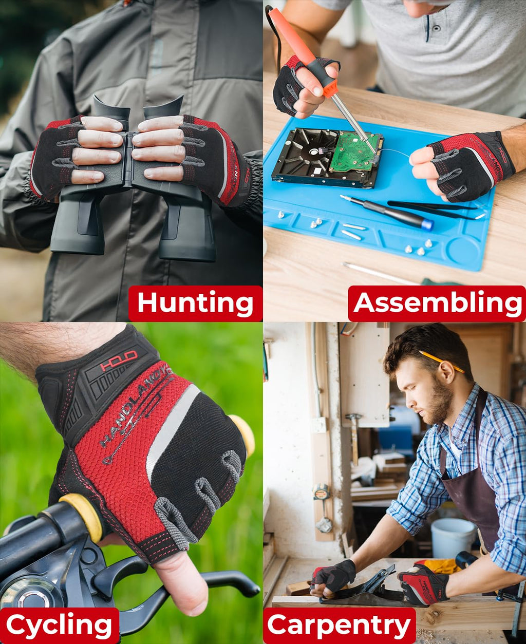 HANDLANDY Fingerless Work Gloves for Men, Half Finger Working Glove Grip Shock-Absorbing Breathable Uwrist TPR Anti-collision Gloves for Mens & Women (L)