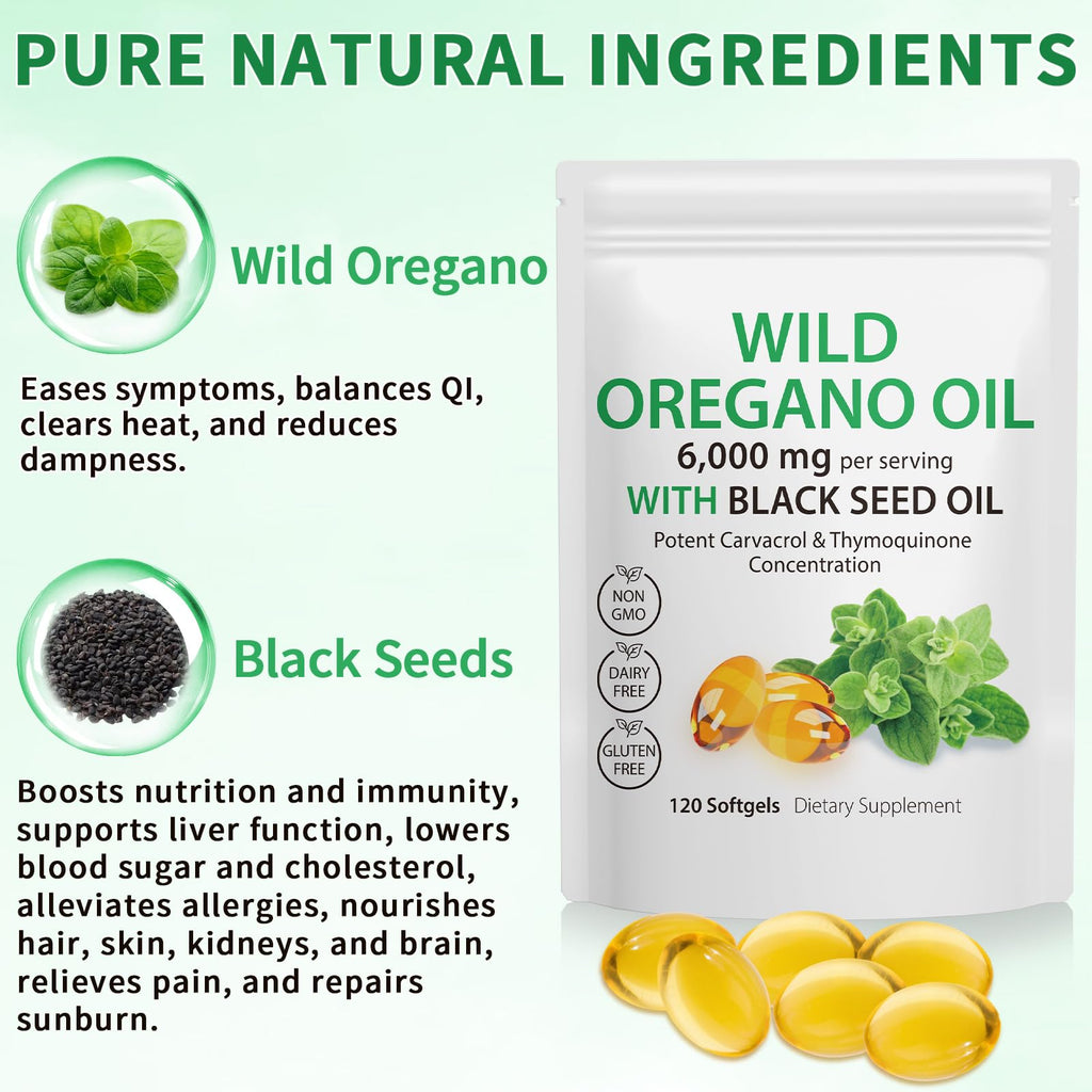 Tooffi Oil of Oregano Capsules - 2 in 1 6000mg Oil of Oregano with Black Seed Oil 200mg - Oregano Oil Supplement Capsules - Digestive Support & Antioxidant, Non-GMO Digestive Support (2 Pack)
