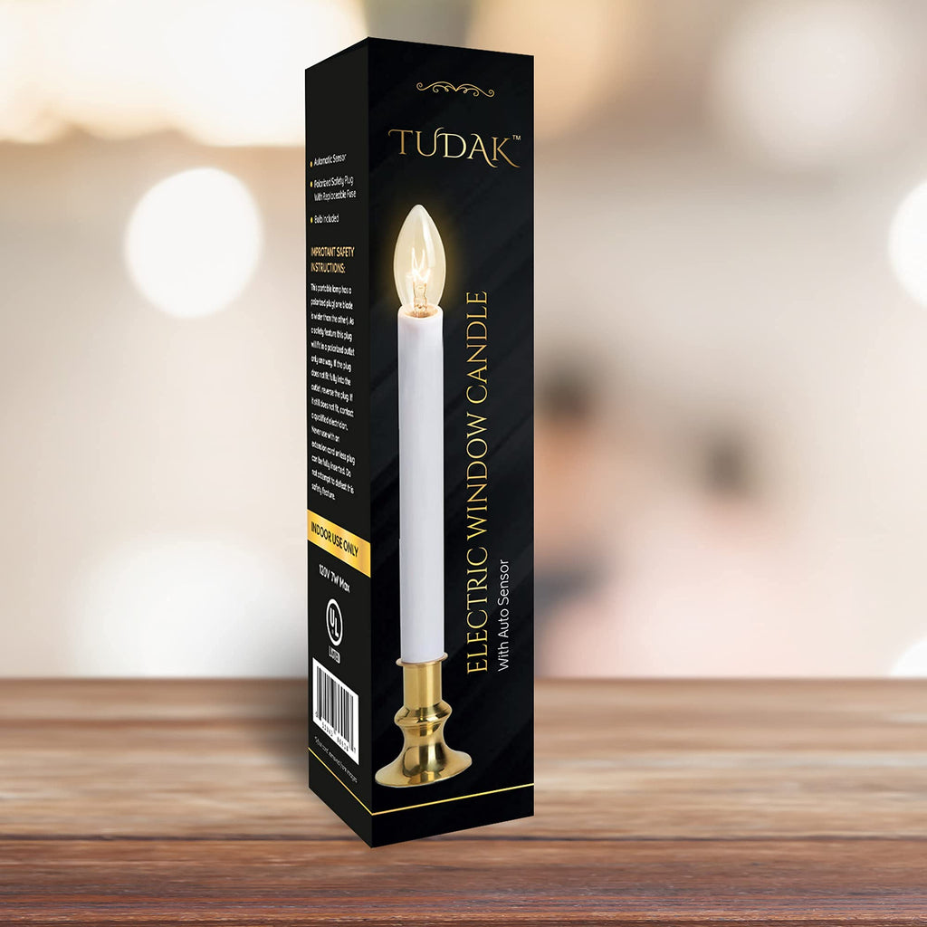 TUDAK Electric Christmas Window Candle Lamp - 6-Pack | Brass-Plated Base with LED Bulbs | Dusk-to-Dawn Auto Sensor | Turns On in Dark, Off in Light | Ready to Use!