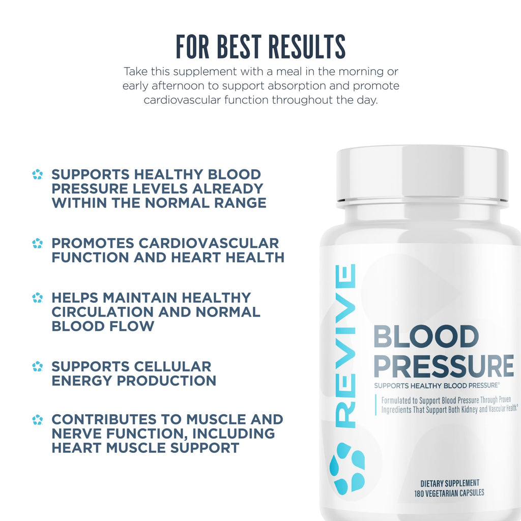 Revive MD Blood Pressure Support Supplement - Supports Heart and Circulatory Health, Energy & Daily Wellness - Magnesium, Potassium, Folic Acid & Garlic Formula (180 Vegetarian Capsules, 60 Servings)