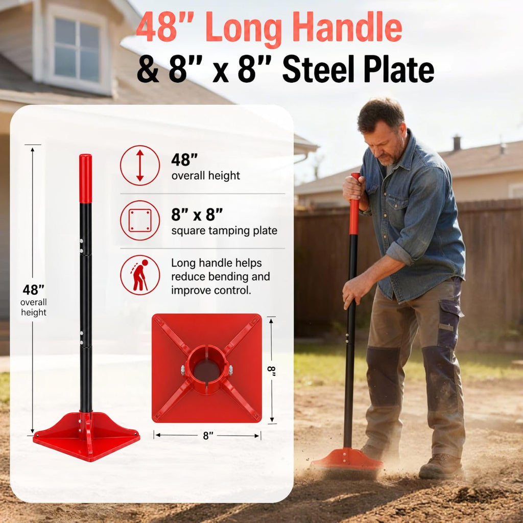 8" x 8" Steel Tamper Tool with 48" Handle, Heavy Duty Hand Compactor for Soil, Gravel, Dirt, Asphalt, Pavers, Driveway Repair, Lawn & Landscaping