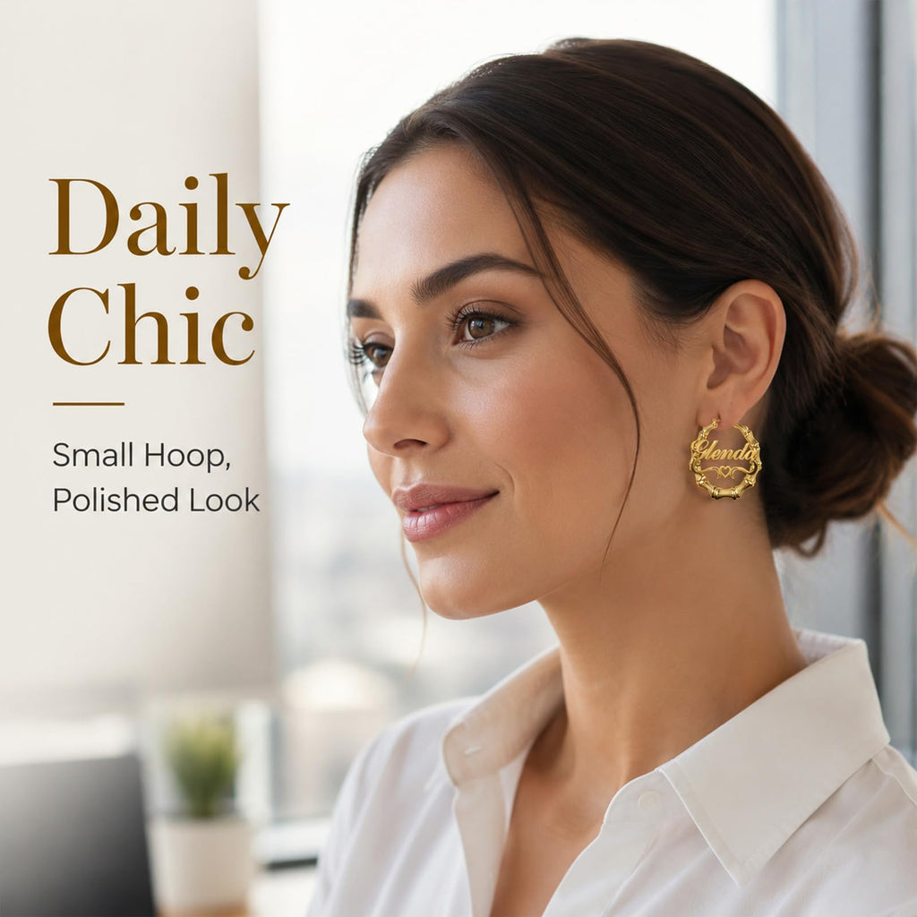 Handmade Bamboo Hoop Earrings for Women Gold Personalized Name Earrings Custom Engraved Stainless Steel Hypoallergenic Birthday Christmas Gift for Mom Grandma (Earring-hoop)