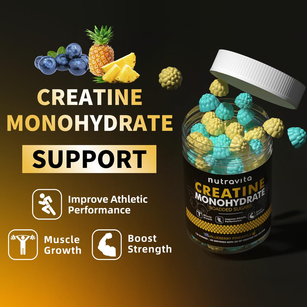 Nutravita NSF Certified Creatine Gummy - Creatine Monohydrate Gummies for Men & Women-5g of Creatine Monohydrate per Serving - Sugar Free,Vegan,Blueberry Pineapple Flavor, 120 Count