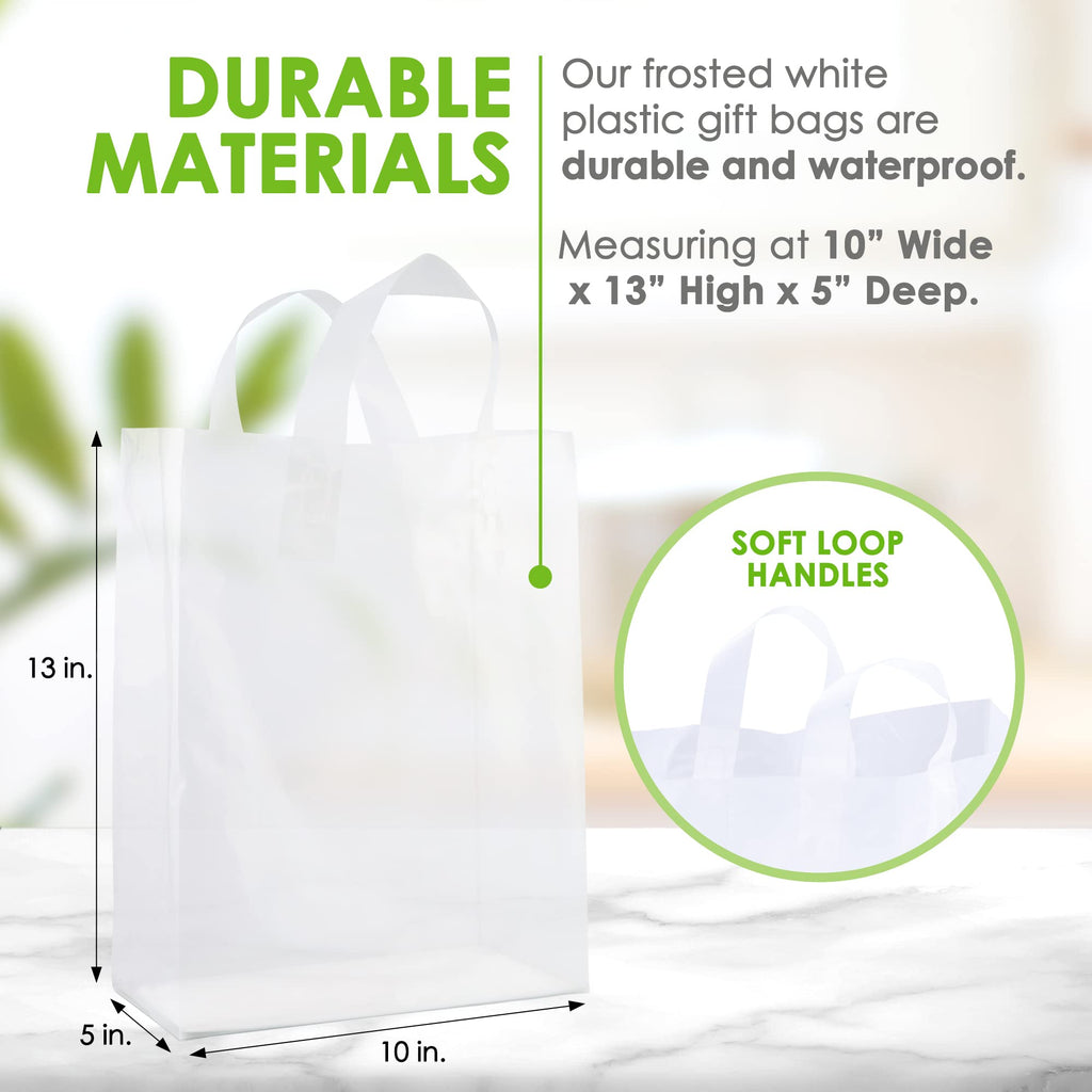 Prime Line Packaging Plastic Gift Bags, Frosted Gift Bags with Handles for Small Business, Shopping, Boutique Supply, Retail Store Use, Bulk, 10x5x13, 50 Pack