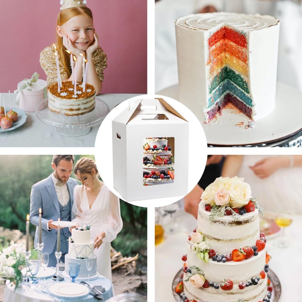 Mcfleet 6 Pack Tall Cake Box for Tier Cake with Window 2 Sizes 10x10x12 & 12x12x14 Inch, Disposable Large Layer Bakery Carrier with Handle - Bakery Safe Transport Box for Wedding, Birthday, Party