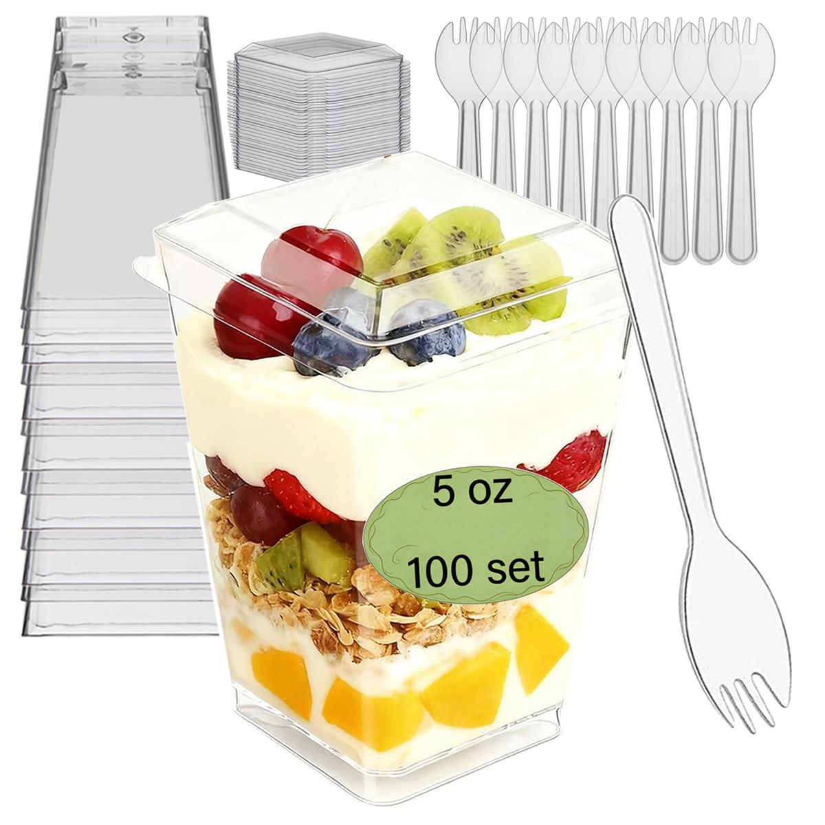 Toowood 300 Pack 100 Set Clear Dessert Cups with Lids and Spoons, 5.4oz Mini Dessert Cups Reusable Square Parfait Cup for Party Appertizer, Christmas