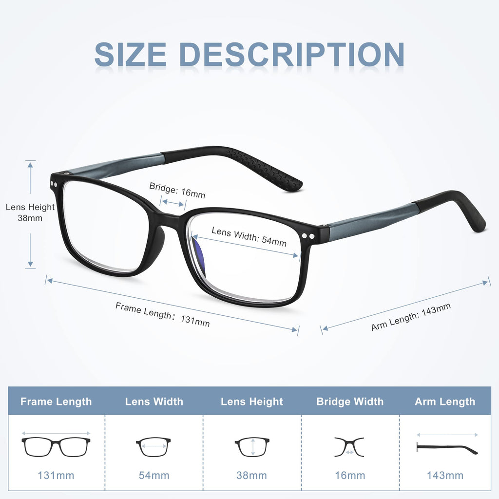 EASY READ 2 Pairs Sporty Style Reading Glasses for Men，Rectangular TR90 Blue Light Blocking Readers with Spring Hinge(Magnification 1.50,Black/Blue)
