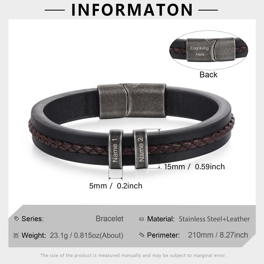 Personalized Custom Name Bracelets for Men - Mens Leather Bracelet with 2-5 Kids Names Customized Gifts for Dad Husband Son (2 names)