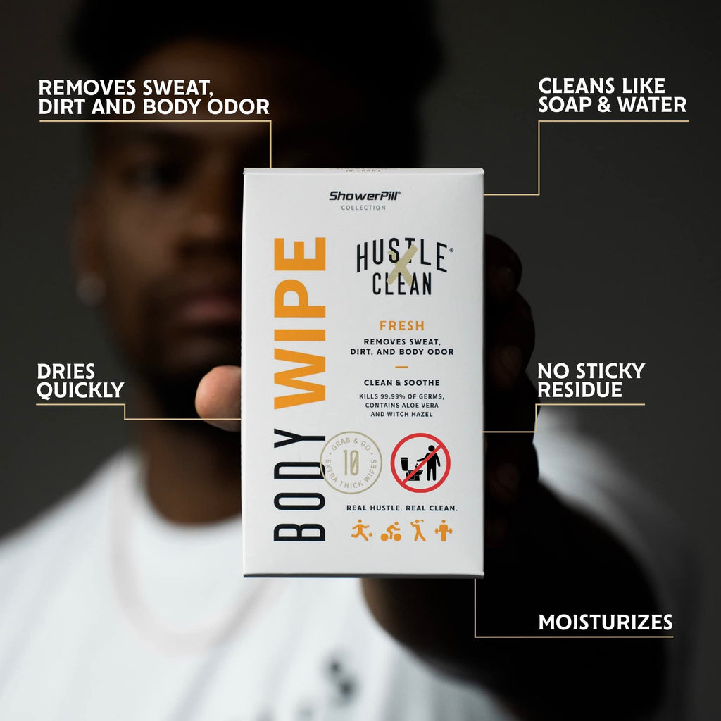 Hustle Clean Body Wipes 9''x8'', Disposable Bathing Wipes For Adults, No Rinse, With Aloe Vera & Vitamin E, Fresh Scent, 40 Individually Wrapped Wipes (Expires 10/28)