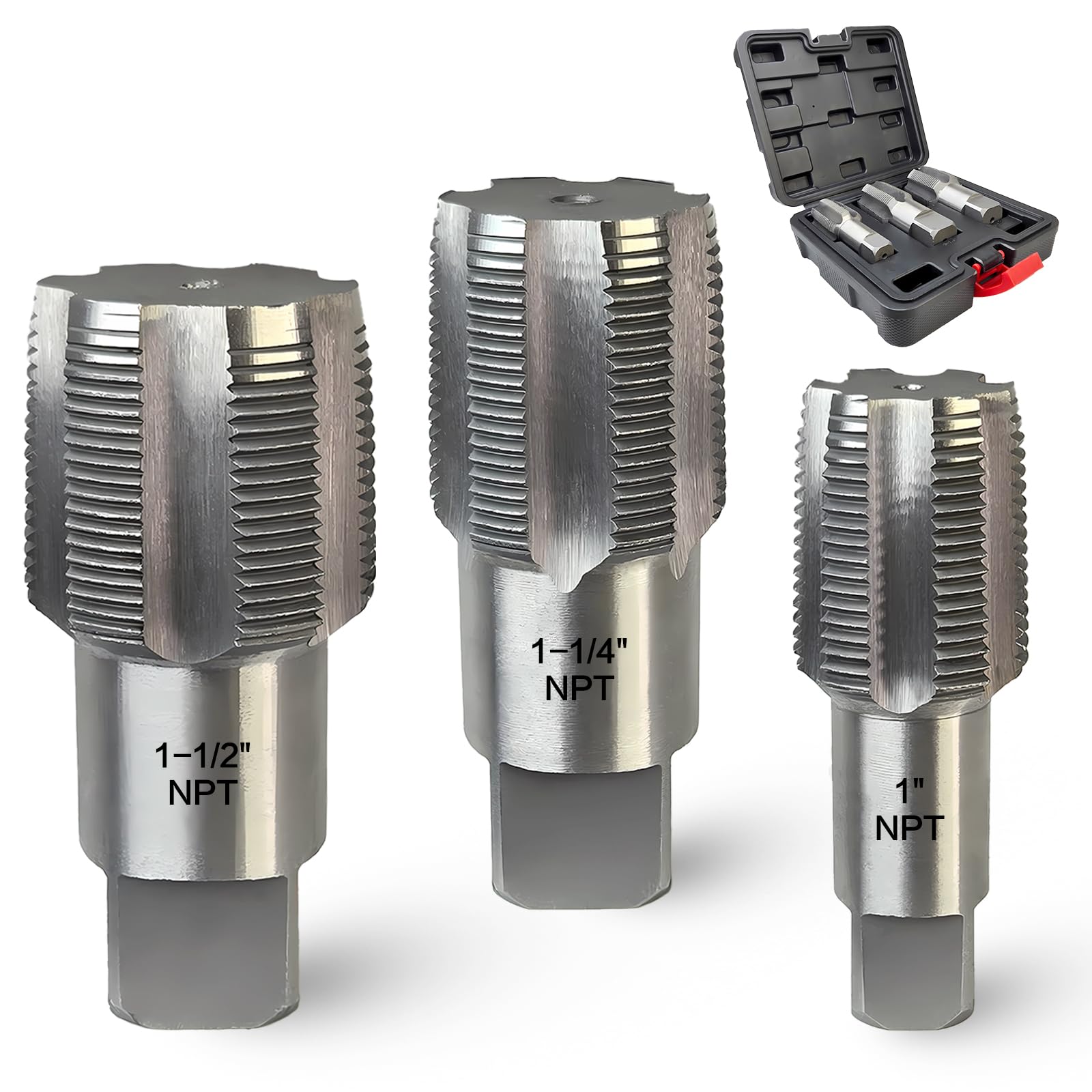 3-Piece NPT Pipe Tap Set, Precision Carbon Steel Tap Set for Clean Accurate Threads, 1", 1-1/4", 1-1/2" NPT Tap, Perfect for Plumbers Mechanics DIYers, with Durable Plastic Case.