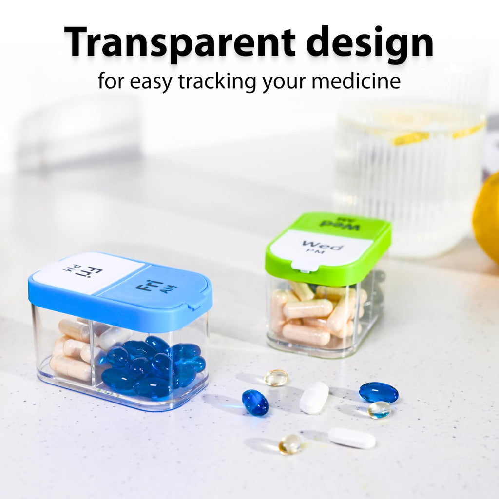 Extra Large Weekly Pill Organizer - Daily XL Pill Box for Am Pm Supplements - Weekly Twin-Packed for Oversized Two A Day Cary (Blue/White)