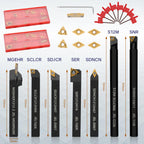 Indexable Lathe Turning Tool 21Pcs Kit 1/2'' 12mm Shank 7 Pcs Metal Lathe Tool Holder Set with 14 Pcs Turning Inserts for Turning Grooving Threading Boring Carbide Inserts Carbide Turning Tool