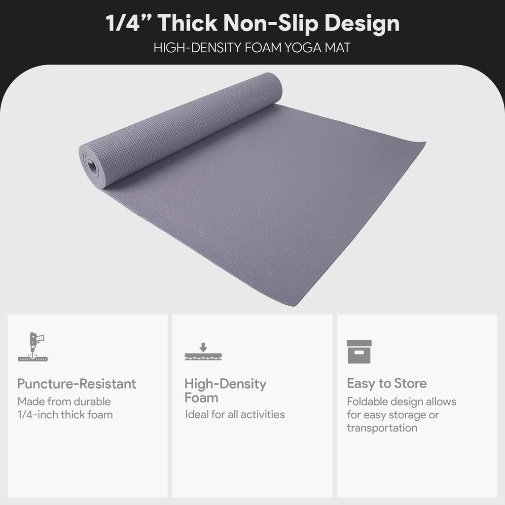 Fitvids 1/4-Inch High Density Thick Non Slip Yoga Mat with Knee Pad and Carrying Strap for Workout, Pilates, Gym Home Exercise, Grey