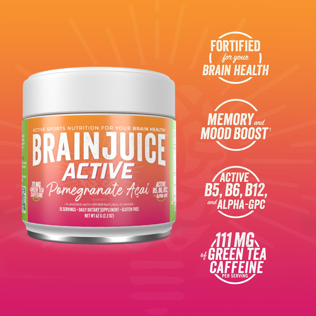 BrainJuice Nootropics Brain Support Supplement, Gluten Free Powder for Energy and Focus, Drink Mix with L Theanine, Alpha GPC, Vitamin B, Organic Green Tea Extract (Active Pomegranate Acai)