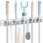 OUTNILI Mop and Broom Holder Wall Mount - White Broom Mop Hanger - Wall Mounted Garden Tool Rack Organizer for Closet Garage Laundry Room Kitchen Decor With 5 Slots & 4 Hooks