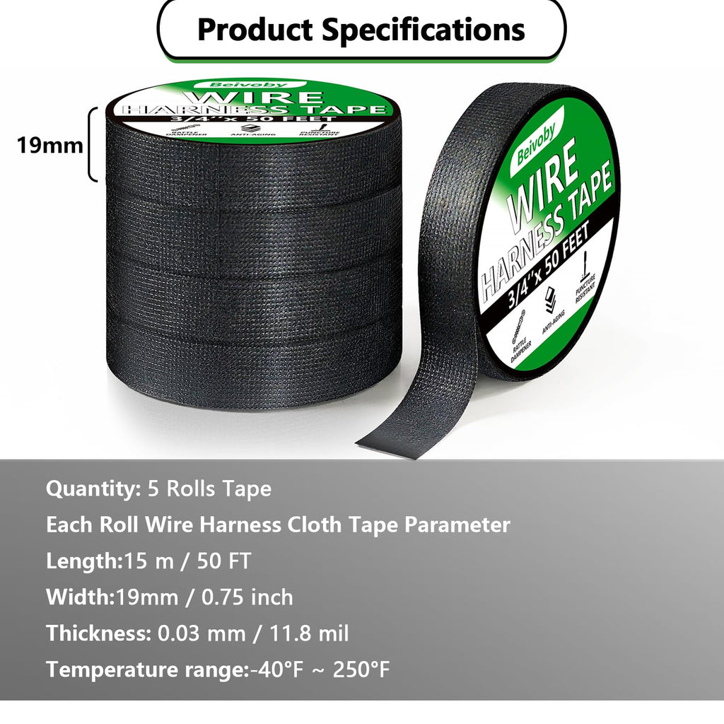 BEIVOBY 5 Rolls High Temp Wire Harness Tape, 250 FT Automotive Cloth Tape for Engine Wiring Loom, Electrical Cable Bundling, Noise & Vibration Damping, 3/4 in x 50 ft Each