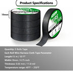 BEIVOBY 5 Rolls High Temp Wire Harness Tape, 250 FT Automotive Cloth Tape for Engine Wiring Loom, Electrical Cable Bundling, Noise & Vibration Damping, 3/4 in x 50 ft Each