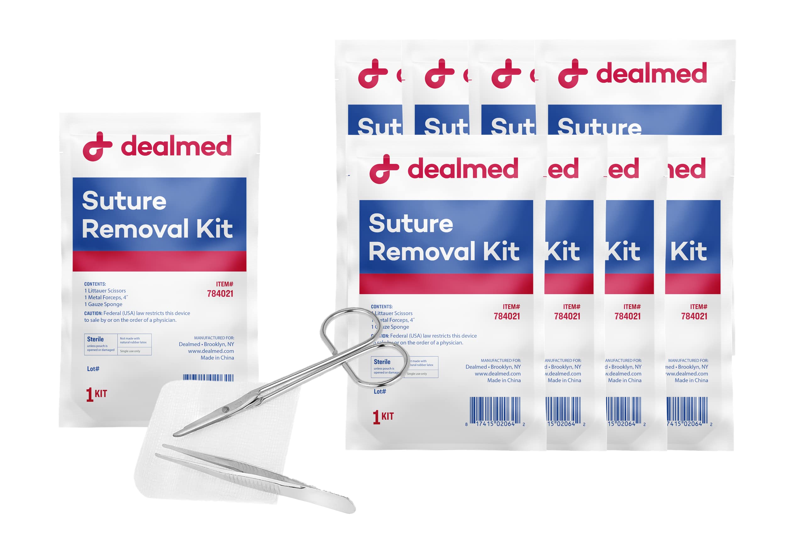 Dealmed Sterile Suture Removal Kit - Scissors, Forceps, Gauze, 10 Pack