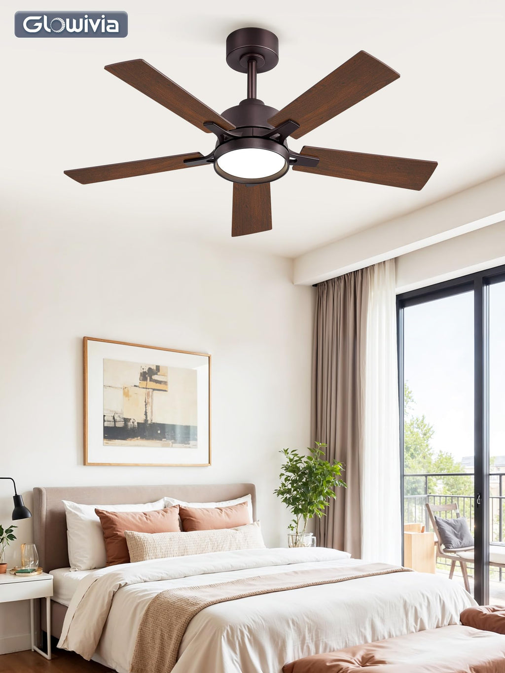 Glowivia 42 Inch Ceiling Fan with Lights and Remote, Smart APP Control, Dimmable with All-Setting Memory, Quiet DC Motor Reversible Blades, Damp Rated Modern Ceiling Fan for Bedroom Patio Living Room