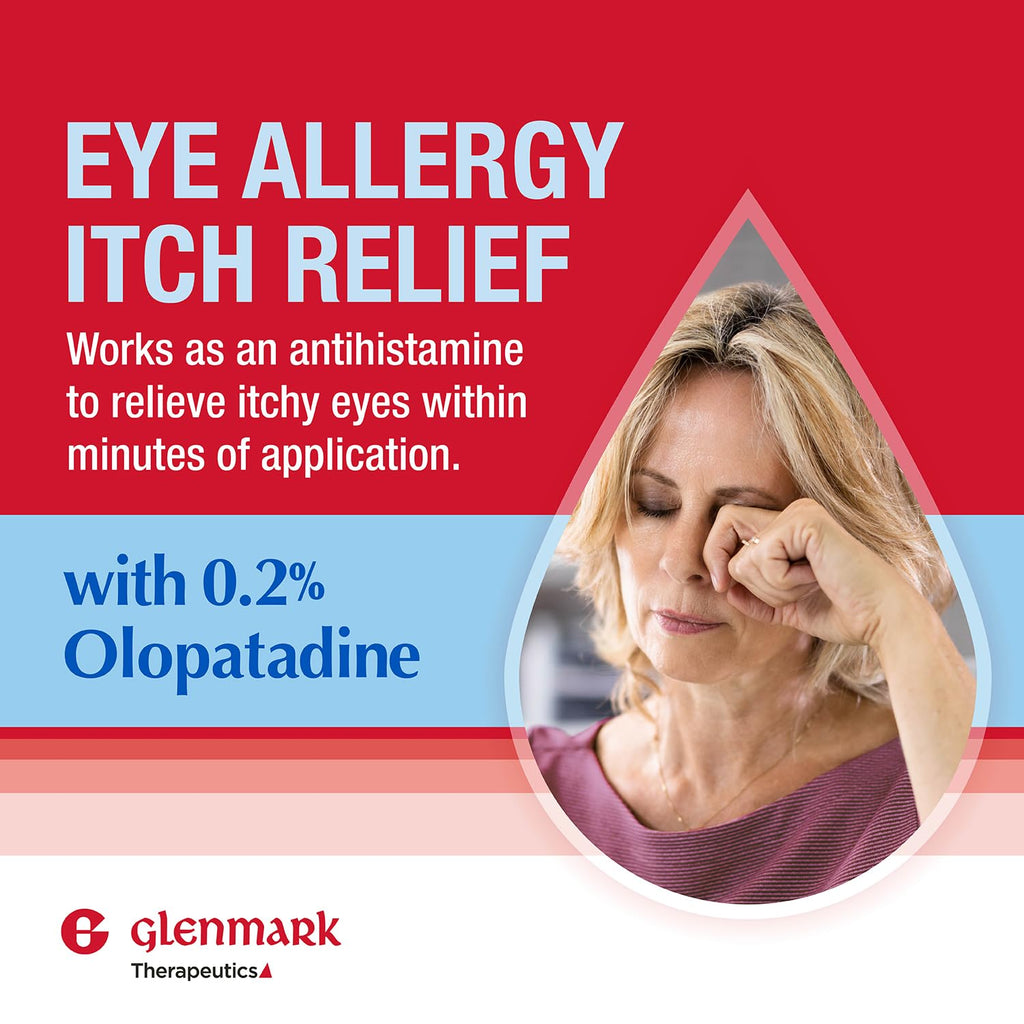 Glenmark Therapeutics Once Daily Olopatadine Eye Drops for Allergies, Redness Relief, Antihistamine, Allergy Relief from Pet Dander, Pollen, Grass, Ragweed, Olopatadine HCl 0.2%, 2.5ml (Twin-Pack)