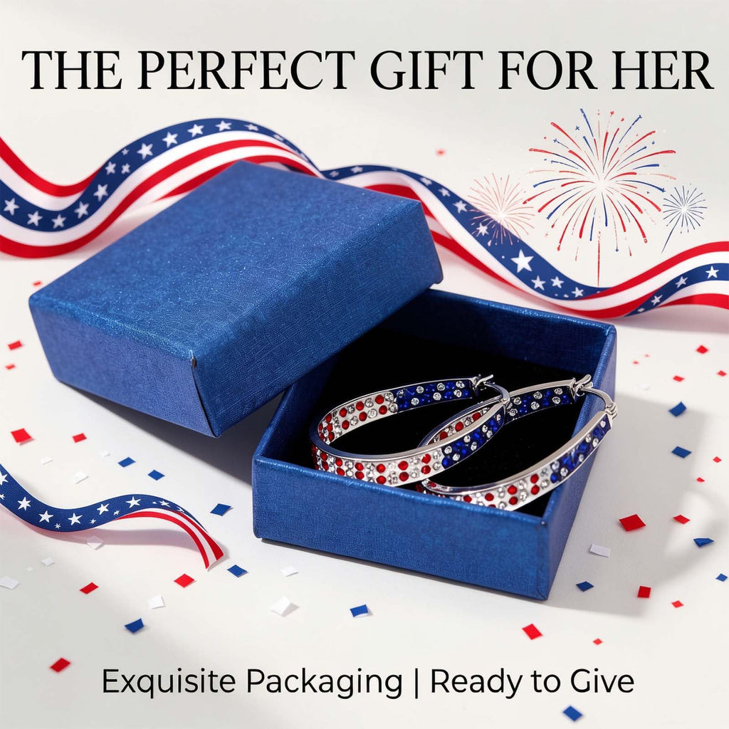 Go Ho 4th of July Patriotic Hoop Earrings, American Flag Red White and Blue Sparkly Crystal Jewelry for Women, Independence Day Accessories for Shirts Outfits